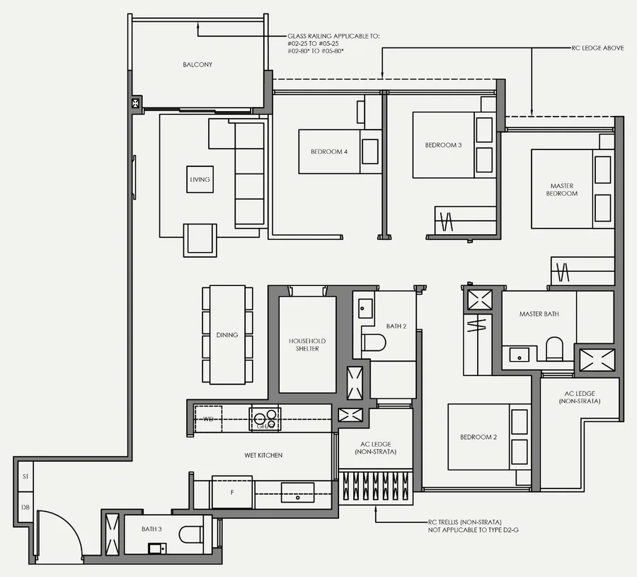 Floor plan of Faber Residence type D2, 4-Bedroom (Basic), 1,119 sq ft
