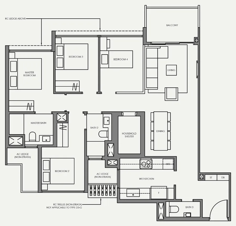 Floor plan of Faber Residence type D3, 4-Bedroom (Basic), 1,119 sq ft
