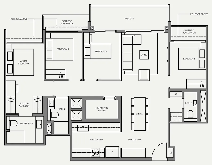 Floor plan of Faber Residence type D4, 4-Bedroom (Standard), 1,206 sq ft