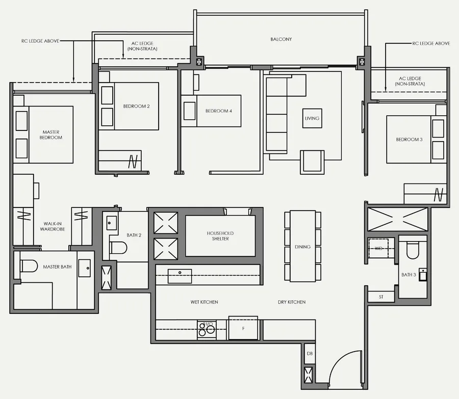 Floor plan of Faber Residence type D5, 4-Bedroom (Standard), 1,216 sq ft