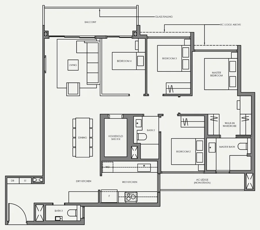 Floor plan of Faber Residence type D6, 4-Bedroom (Standard), 1,270 sq ft