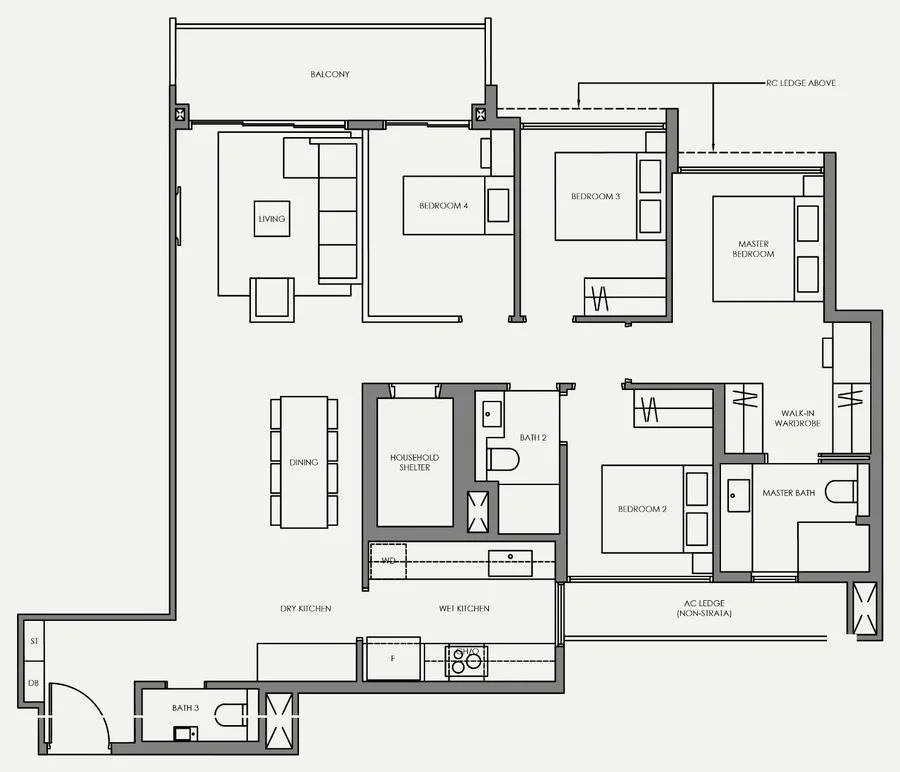 Floor plan of Faber Residence type D8, 4-Bedroom (Standard), 1,270 sq ft