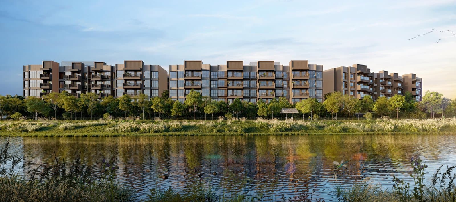 Artist's impression of Faber Residence seen across Sungei Ulu Pandan: the five-storey blocks behind the trees of the park connector