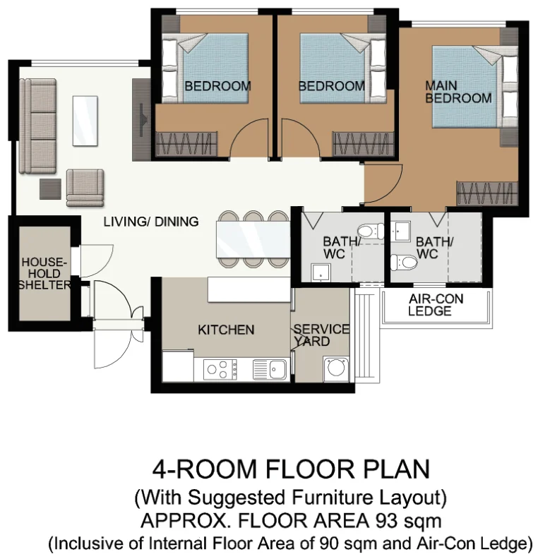 HDB floor plan of a 4-room flat at Fernvale Acres, about 93 sqm