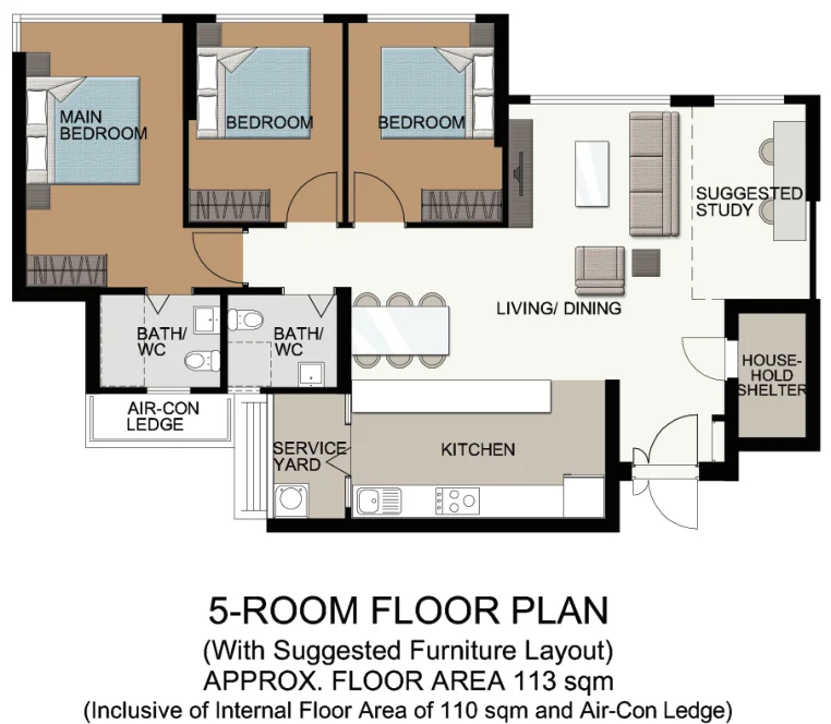 HDB floor plan of a 5-room flat at Fernvale Acres, about 113 sqm