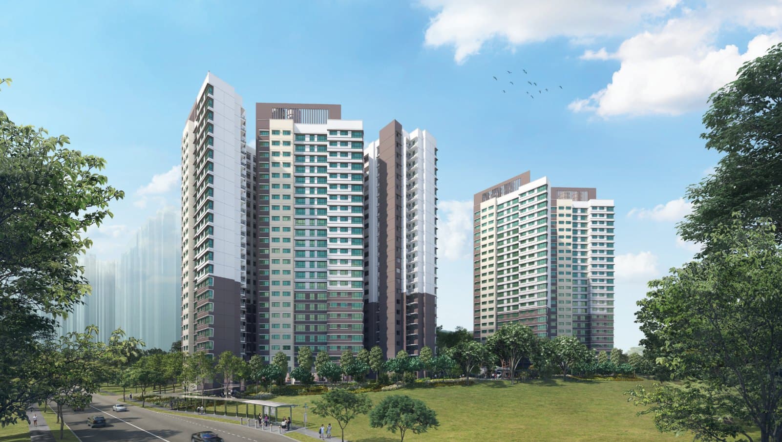 Artist’s impression of Fernvale Acres: two 23-storey white HDB blocks with brown and grey facade bands behind a green field, seen from Yio Chu Kang Road