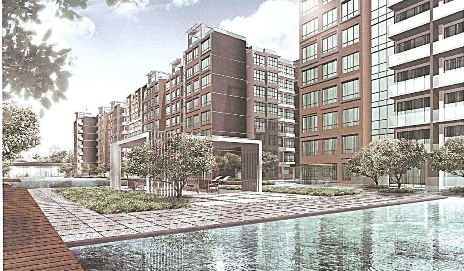 Ferraria Park Condo, artist's impression: the 8-storey blocks along the reflecting pools