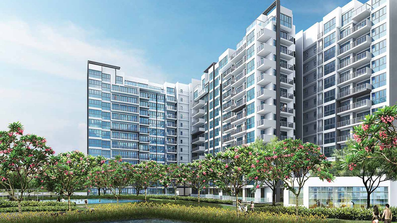 Artist's impression of Forestville: white and blue 13-storey towers with balconies, seen across a pool, a lawn and a row of flowering frangipani trees