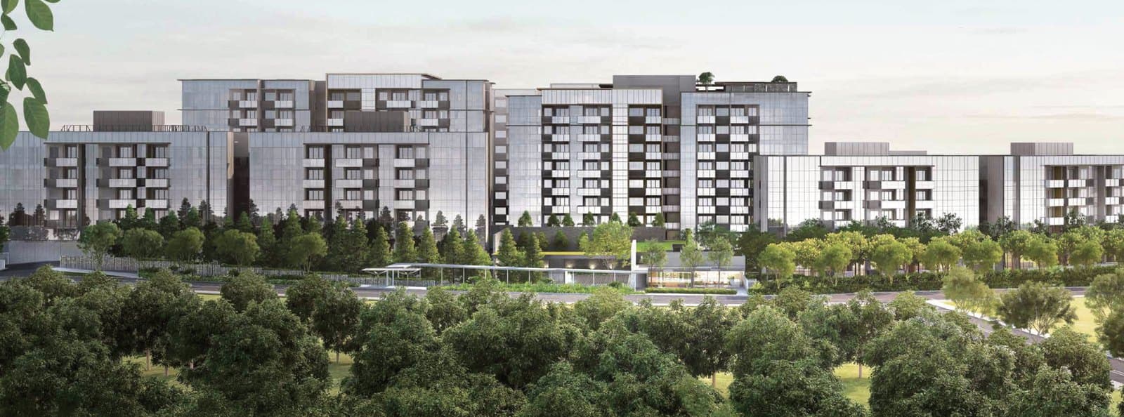 Artist's impression of Forett at Bukit Timah from across Toh Tuck Road: nine-storey and five-storey blocks with banded balconies behind a line of trees