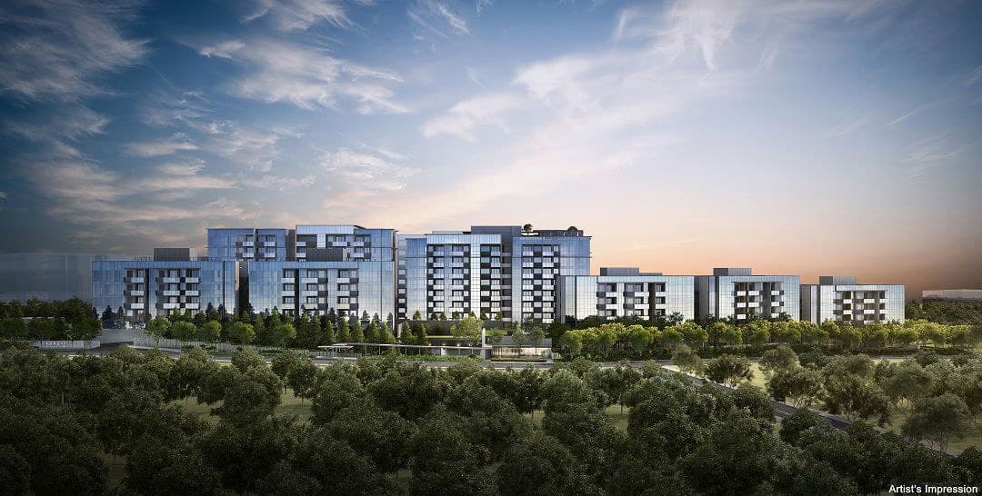 Artist's impression of Forett at Bukit Timah from across Toh Tuck Road: nine-storey and five-storey blocks behind a line of trees, the entrance at the left
