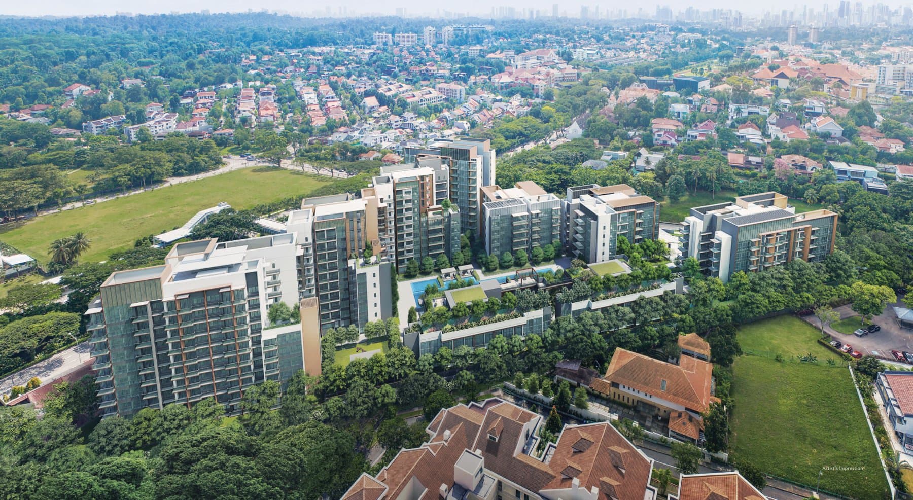 Fourth Avenue Residences from the air: the nine blocks among the Bukit Timah bungalows, with the pools between them