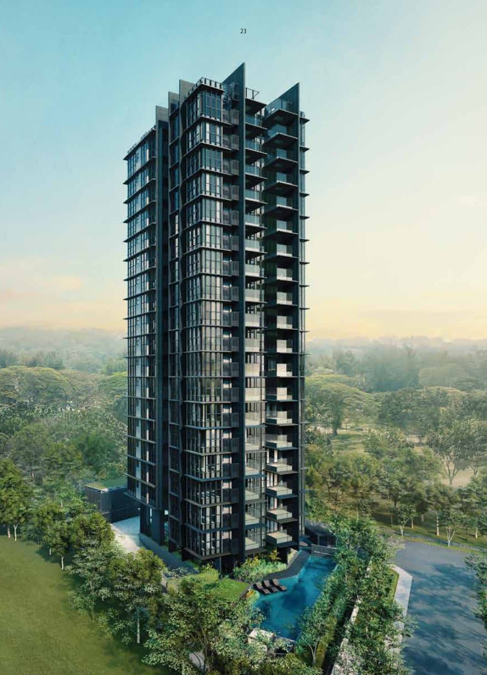 Artist's impression of Fyve Derbyshire: the 19-storey tower off Derbyshire Road among trees, with its pool at the foot