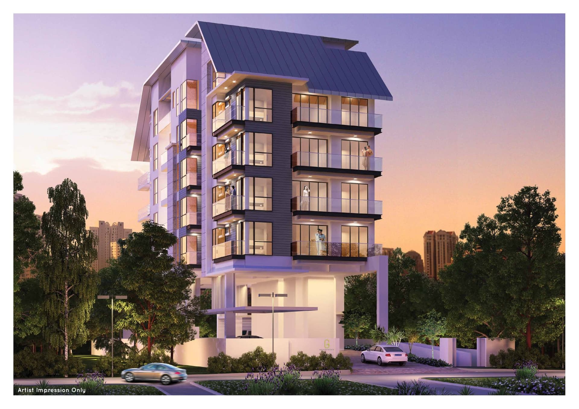 G Residences at dusk: a slim block of homes with wide balconies and a pitched roof on Lorong G Telok Kurau