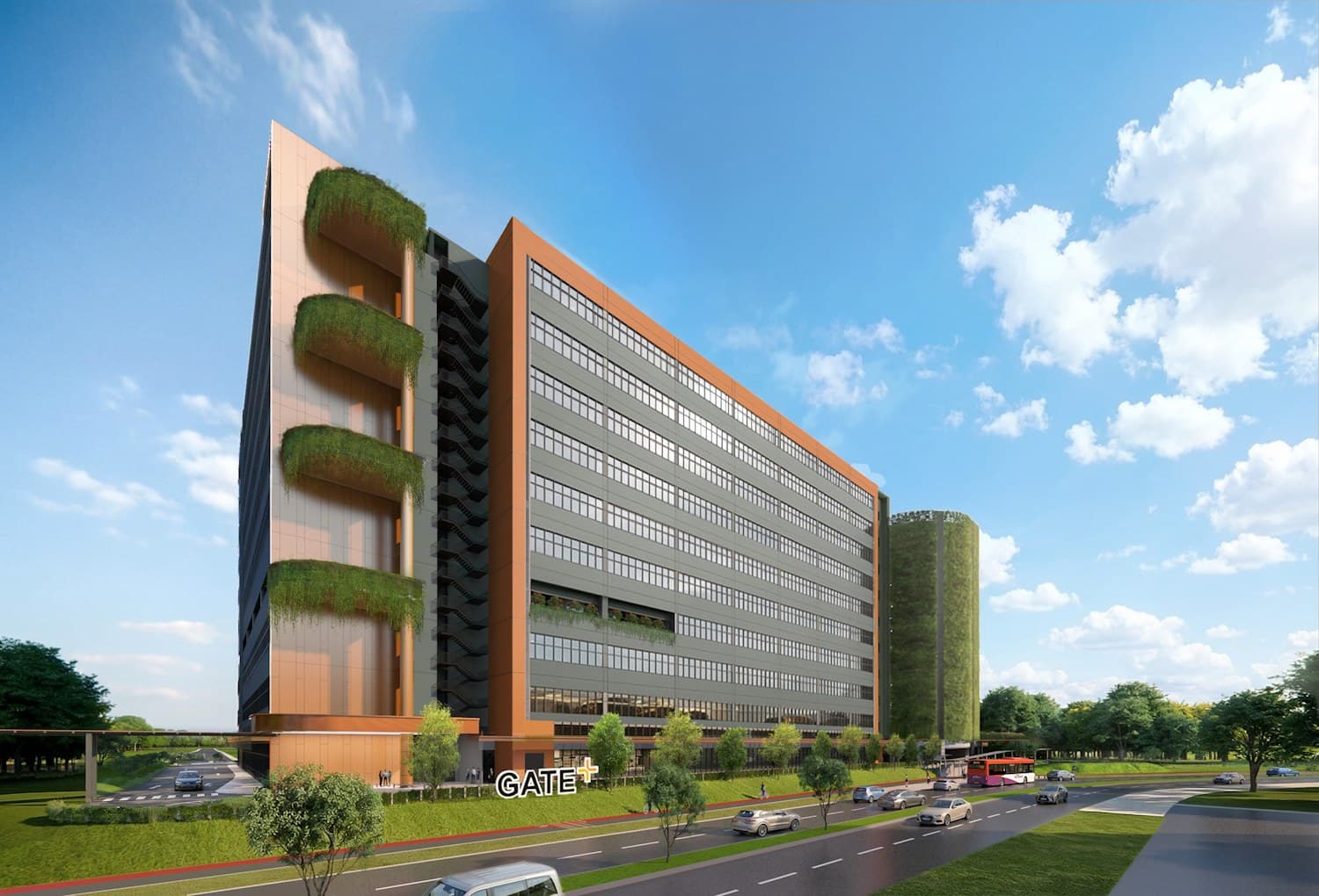 Artist's impression of GATE+, a ten-storey industrial building with orange and grey panels and planted balconies beside a main road