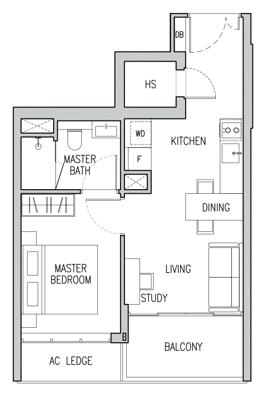 Floor plan of Gems Ville type A, 1-Bedroom + Study, 517 sq ft