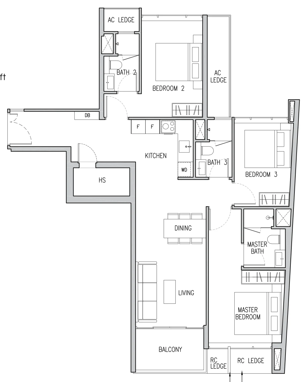 Floor plan of Gems Ville type C1, 3-Bedroom, 1,130 sq ft