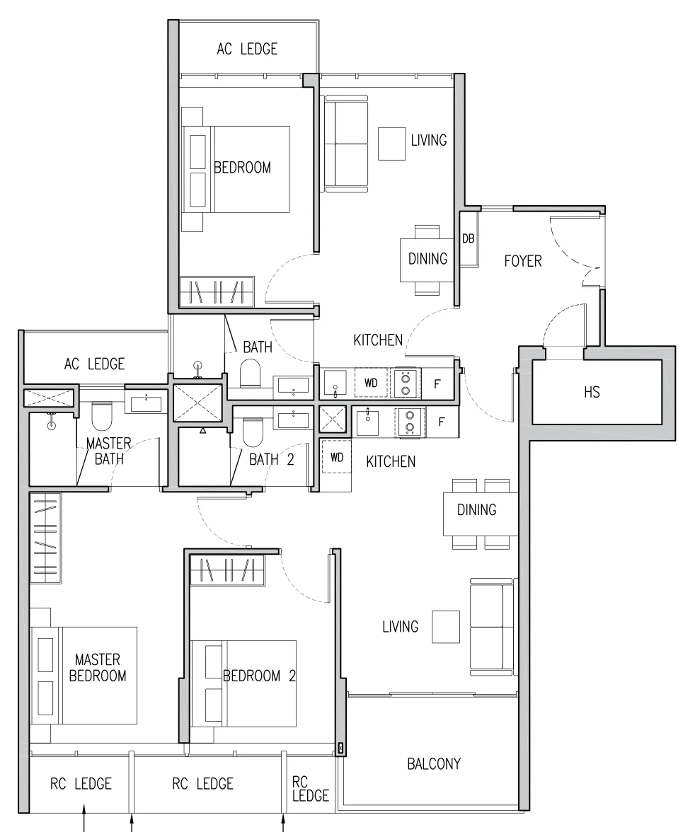 Floor plan of Gems Ville type C2, 3-Bedroom dual key, 1,216 sq ft