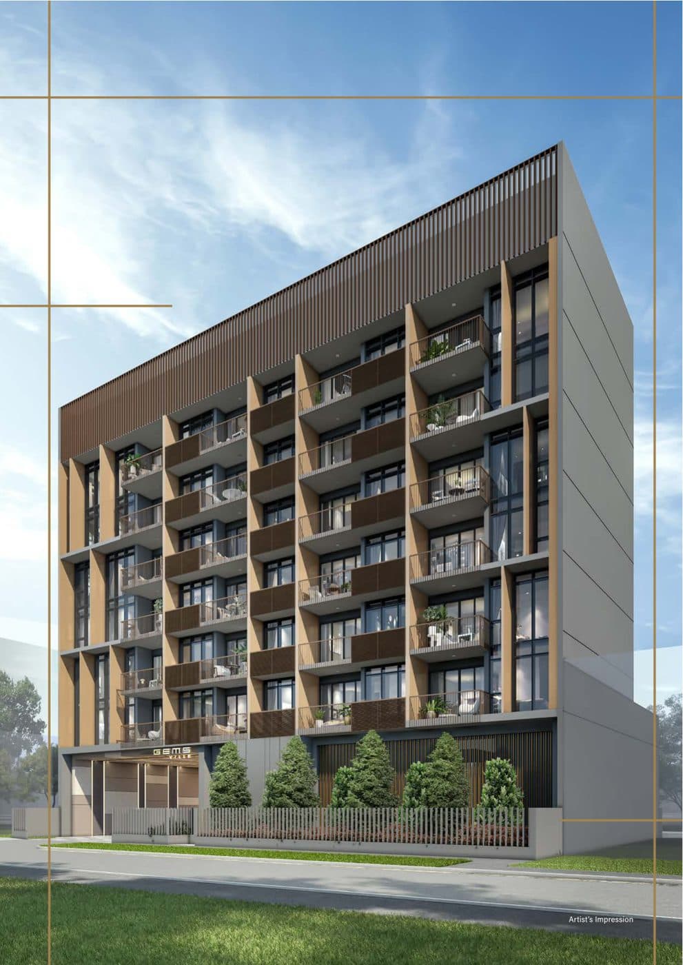Artist's impression of Gems Ville: the 7-storey block with timber-toned fins and balconies on Lorong 13 Geylang