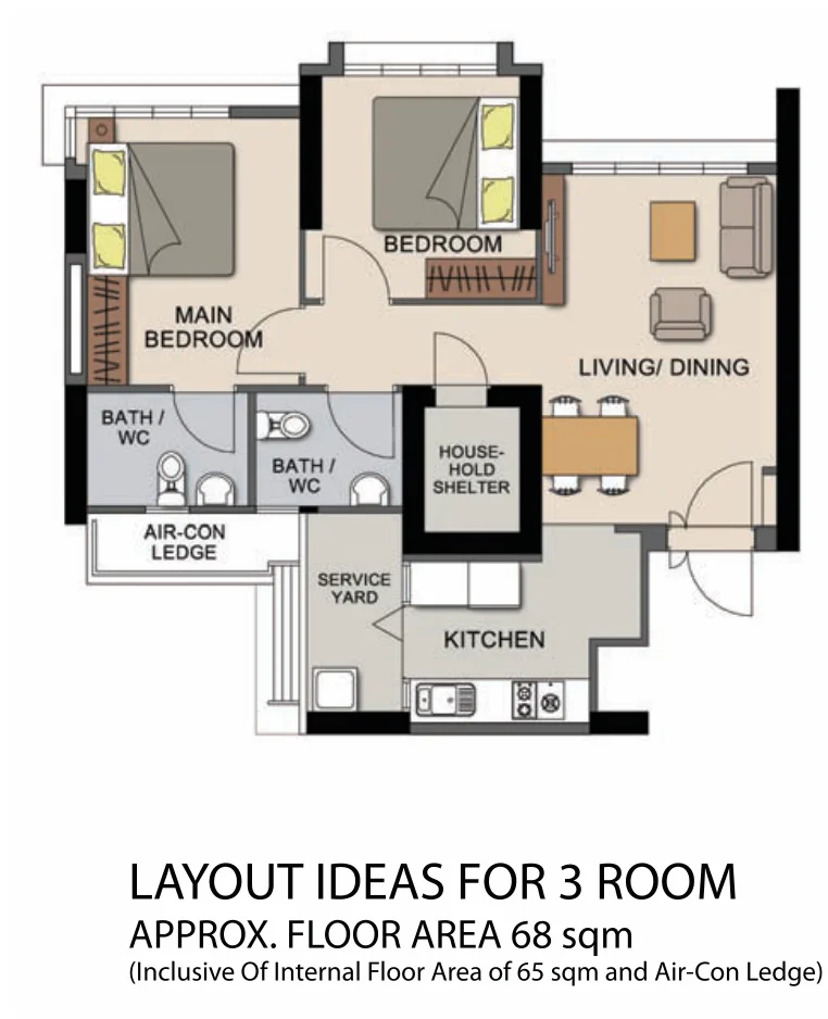 HDB floor plan of a 3-room flat at Ghim Moh Edge, about 68 sqm