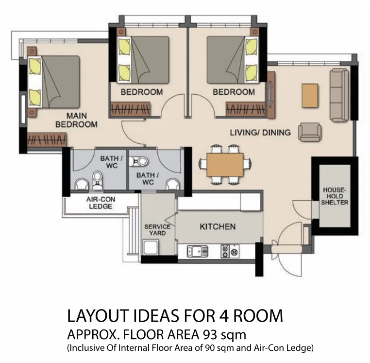 HDB floor plan of a 4-room flat at Ghim Moh Edge, about 93 sqm