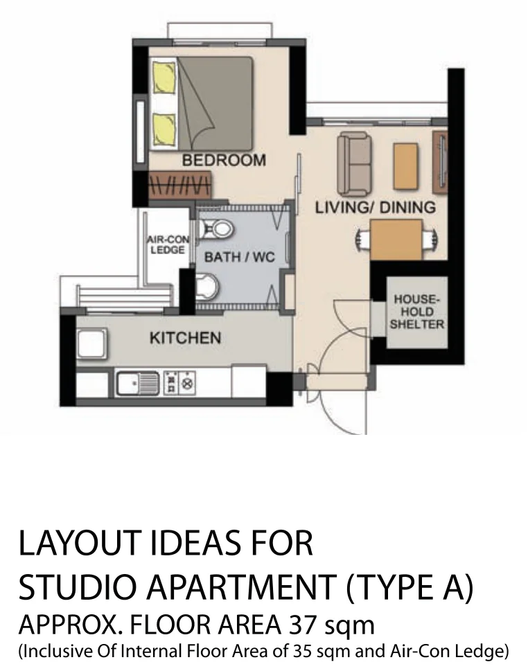 HDB floor plan of a Studio (Type A) flat at Ghim Moh Edge, about 37 sqm