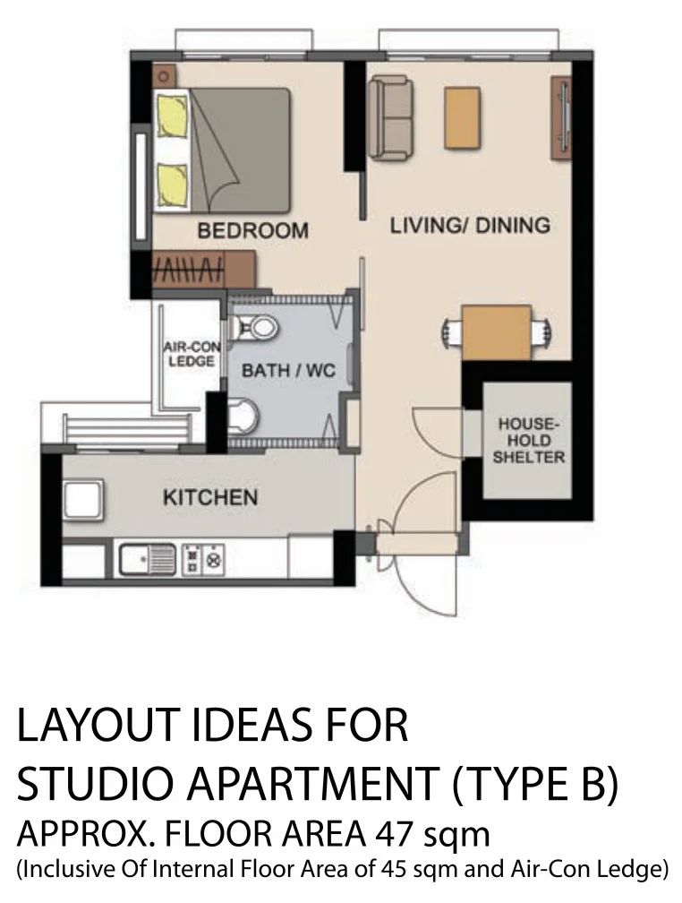 HDB floor plan of a Studio (Type B) flat at Ghim Moh Edge, about 47 sqm