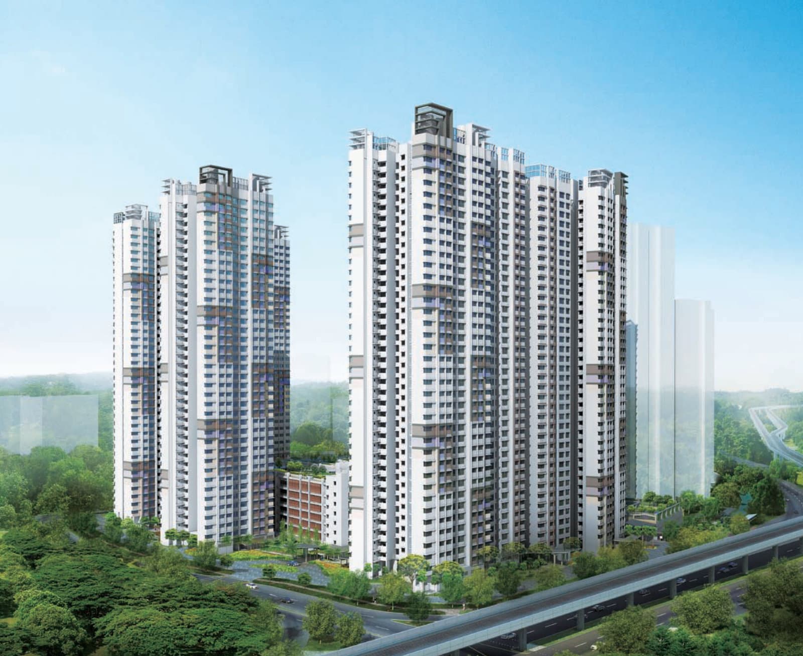 Artist’s impression of Ghim Moh Edge: five 38-storey white HDB blocks rising above trees beside the elevated MRT line along Commonwealth Avenue West