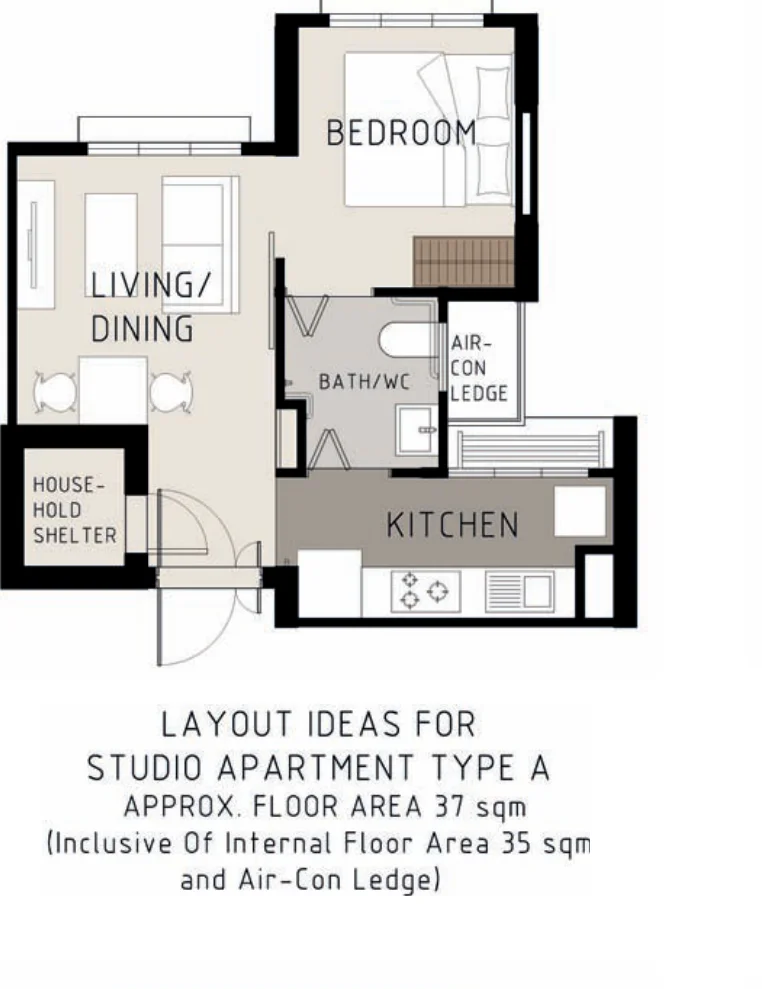 HDB floor plan of a Studio (Type A) flat at Golden Ginger, about 37 sqm
