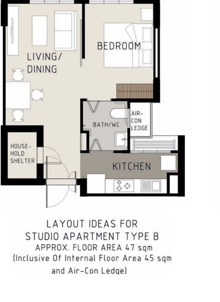 HDB floor plan of a Studio (Type B) flat at Golden Ginger, about 47 sqm