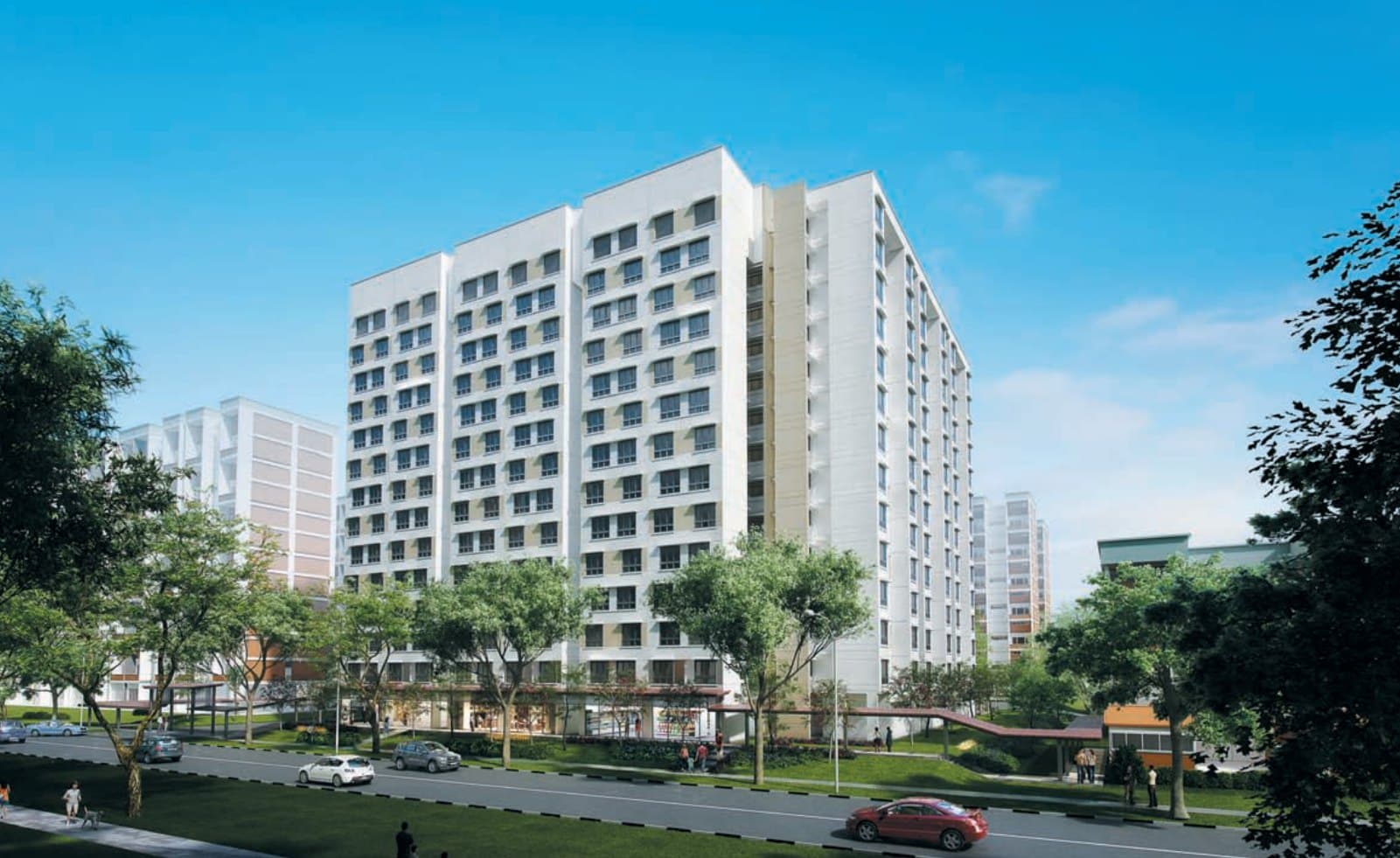 Artist’s impression of Golden Ginger: a 14-storey white HDB block with pale yellow panels behind trees along Serangoon North Avenue 1