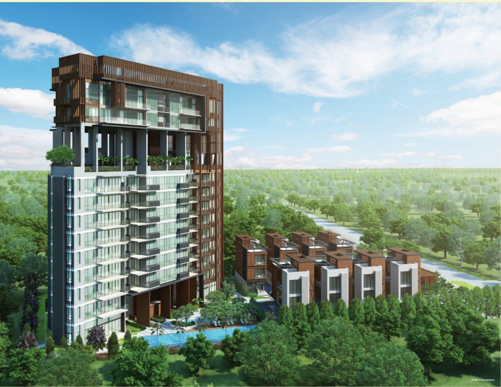 Goodwood Grand: the 12-storey tower with its timber-screened penthouse crown, beside the eight strata bungalows