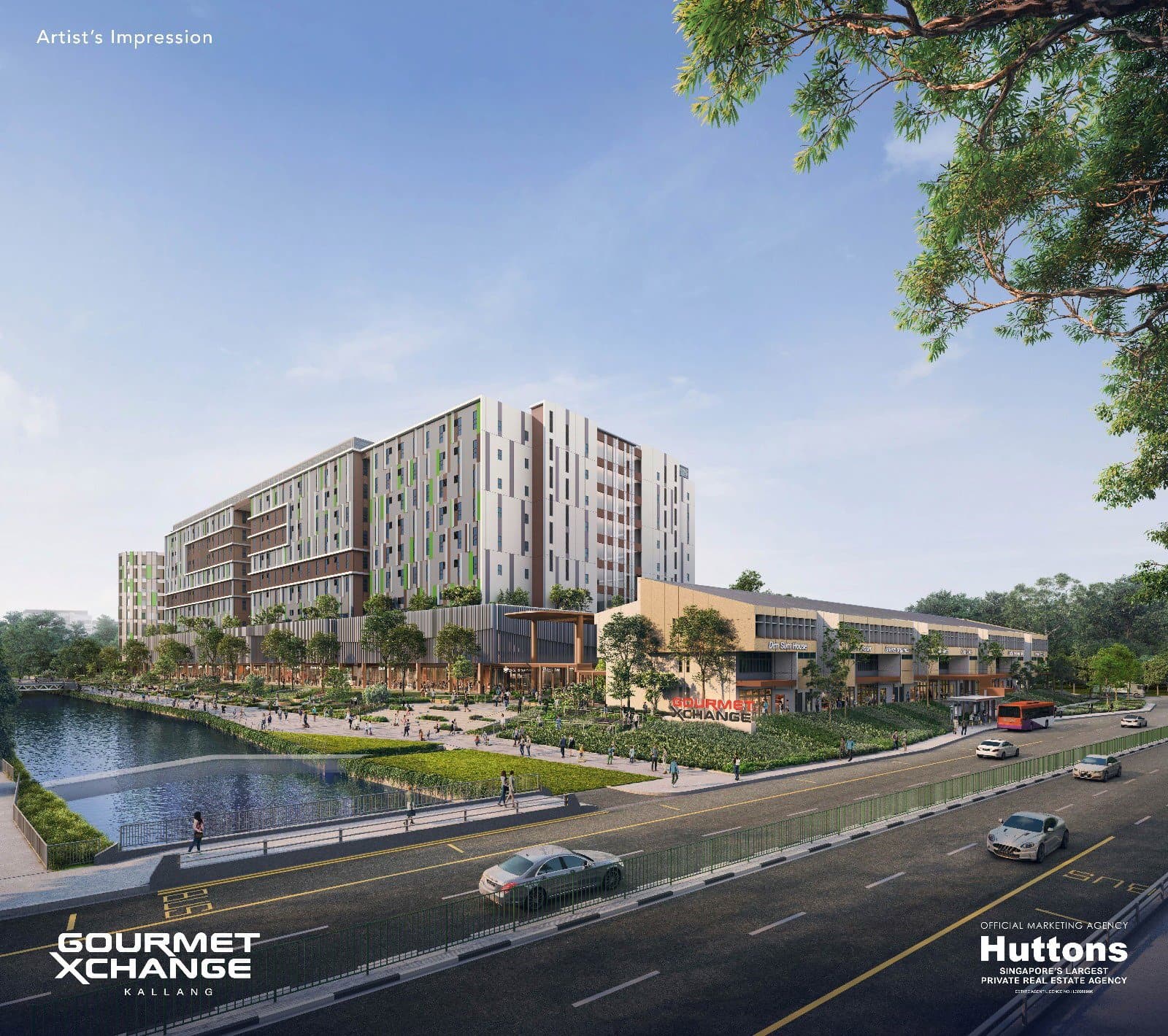 Artist's impression of Gourmet Xchange: a 9-storey food factory block with a low heritage terrace row beside the Kallang River