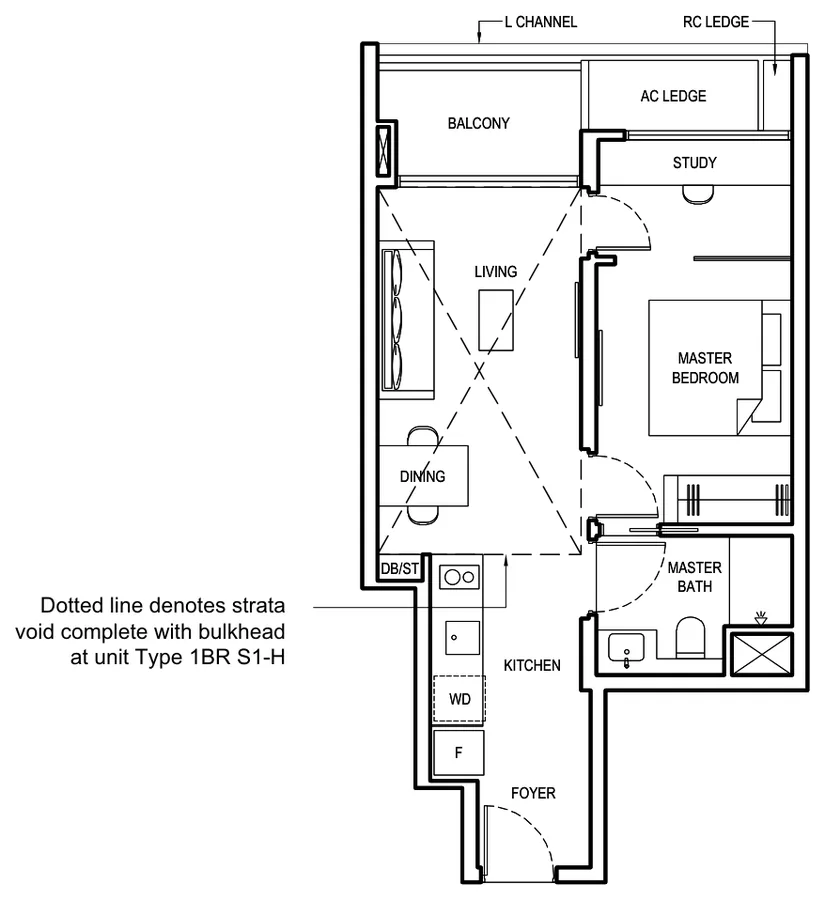 Floor plan of Grand Dunman type 1BR S1, 1 Bedroom + Study, 549 sq ft