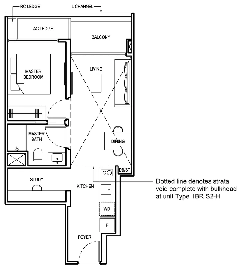 Floor plan of Grand Dunman type 1BR S2, 1 Bedroom + Study, 549 sq ft