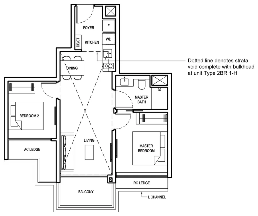 Floor plan of Grand Dunman type 2BR 1, 2 Bedroom, 667 sq ft