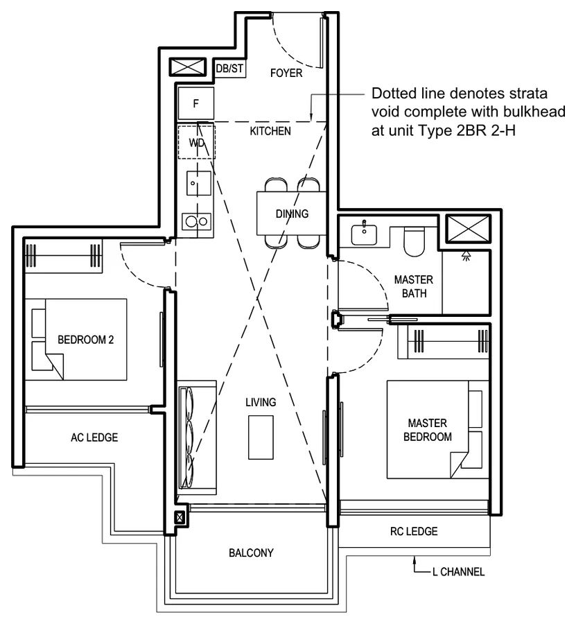 Floor plan of Grand Dunman type 2BR 2, 2 Bedroom, 667 sq ft