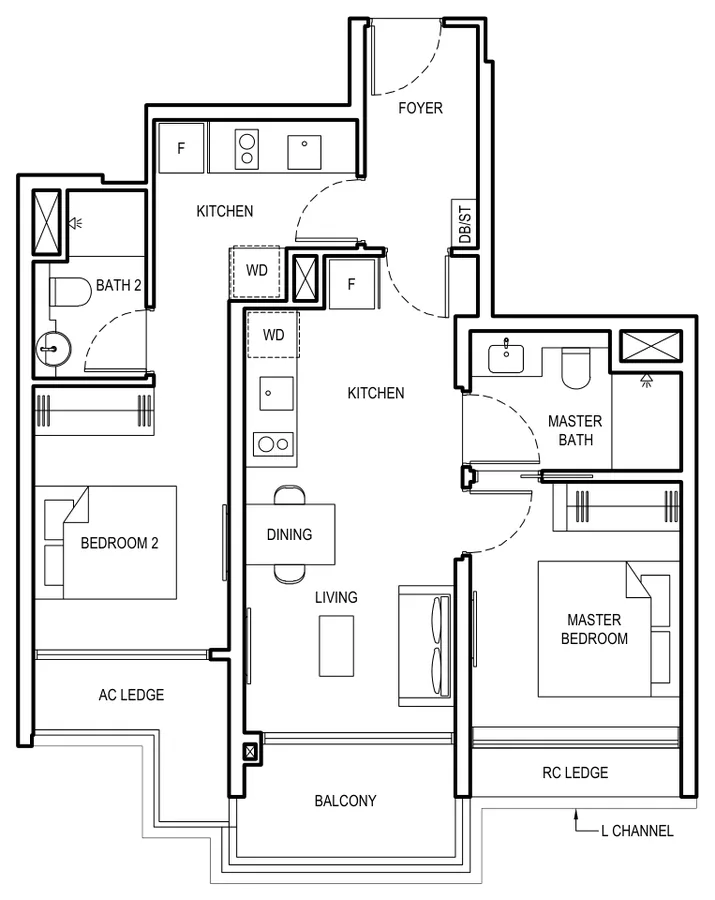 Floor plan of Grand Dunman type 2BR DK2, 2 Bedroom Dual Key, 775 sq ft