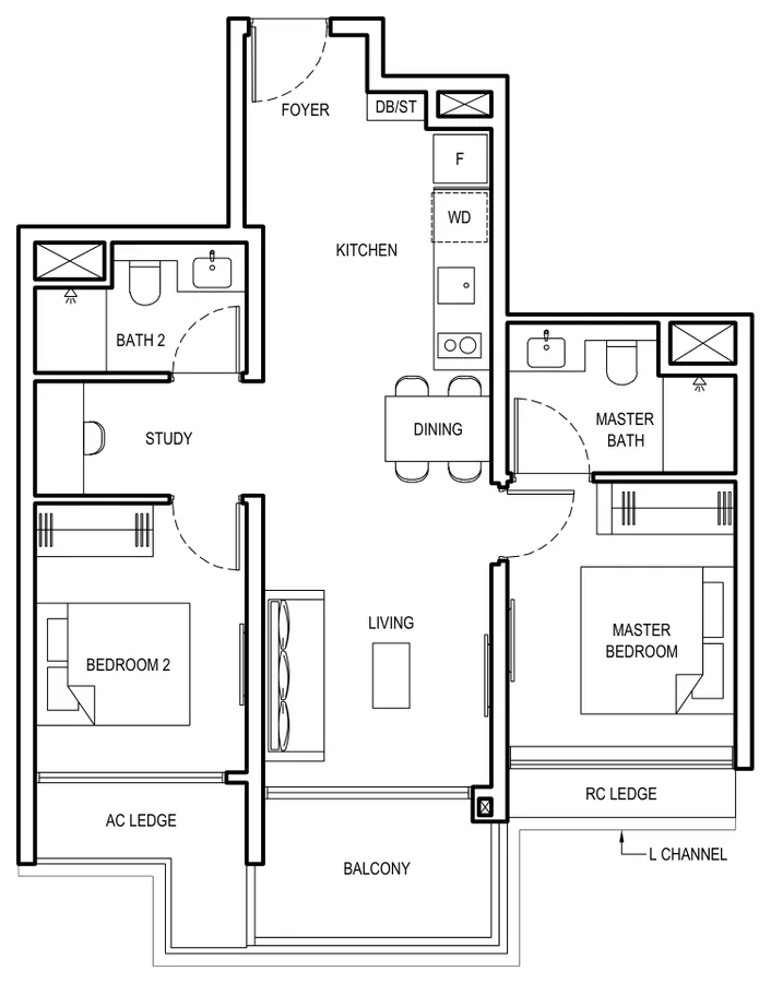 Floor plan of Grand Dunman type 2BR S1, 2 Bedroom + Study, 775 sq ft