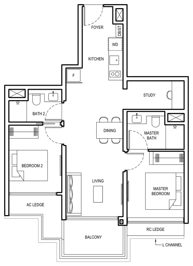 Floor plan of Grand Dunman type 2BR S4, 2 Bedroom + Study, 797 sq ft