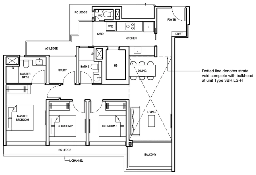 Floor plan of Grand Dunman type 3BR LS, 3 Bedroom + Study (Luxury), 1,119 sq ft