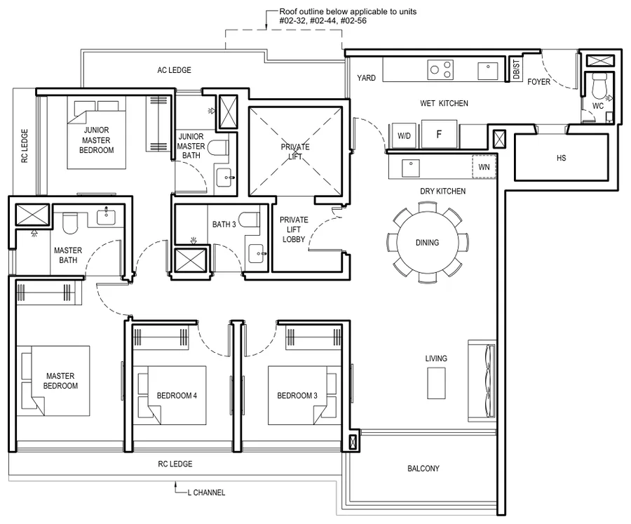Floor plan of Grand Dunman type 4BR L, 4 Bedroom (Luxury), 1,432 sq ft