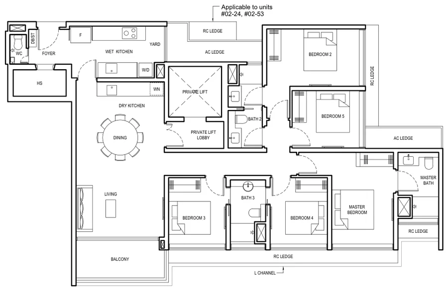 Floor plan of Grand Dunman type 5BR L, 5 Bedroom (Luxury), 1,690 sq ft