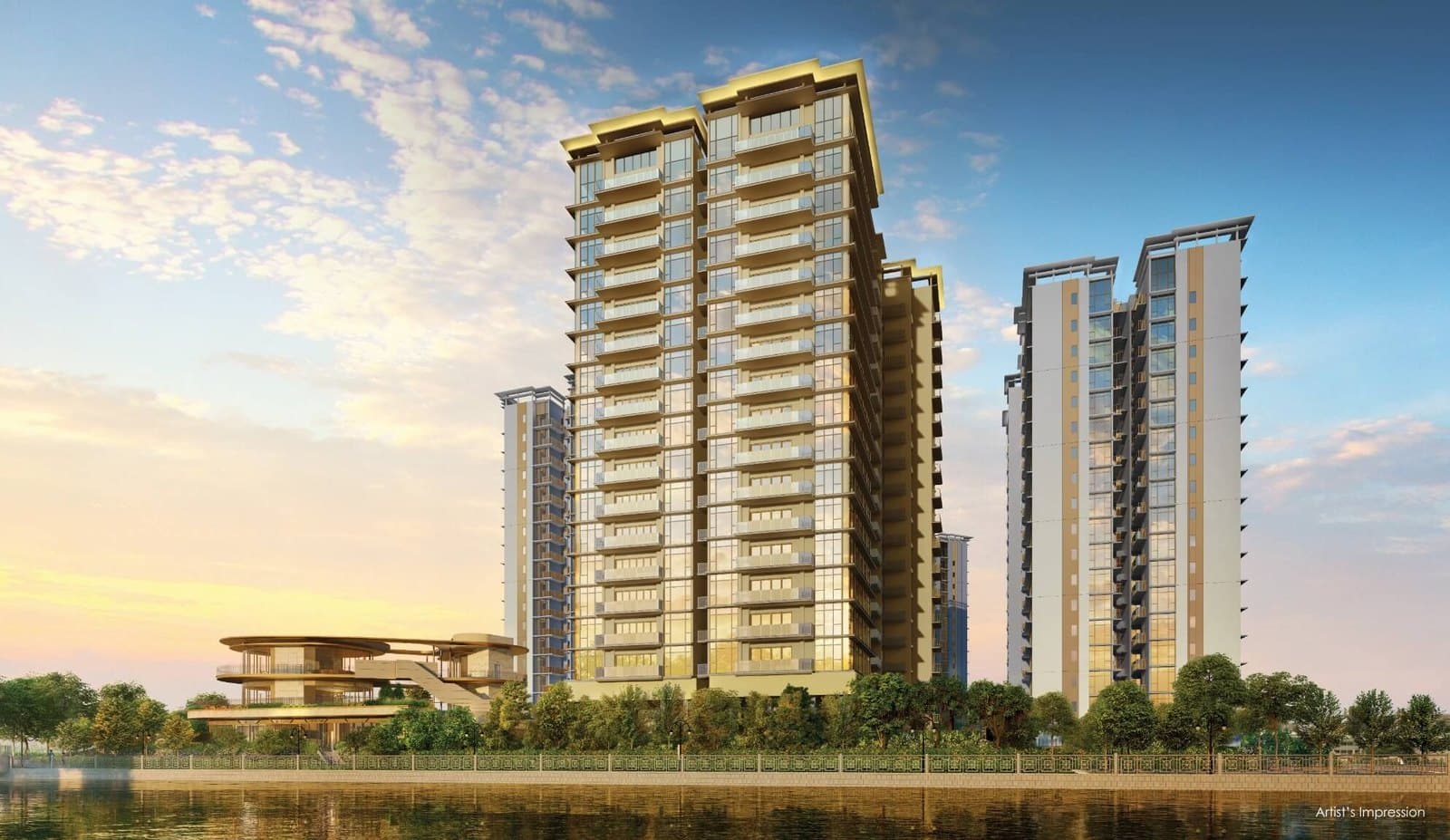 Artist's impression of the Grand Dunman towers and the Jewel Clubhouse at sunset, seen across the Geylang River
