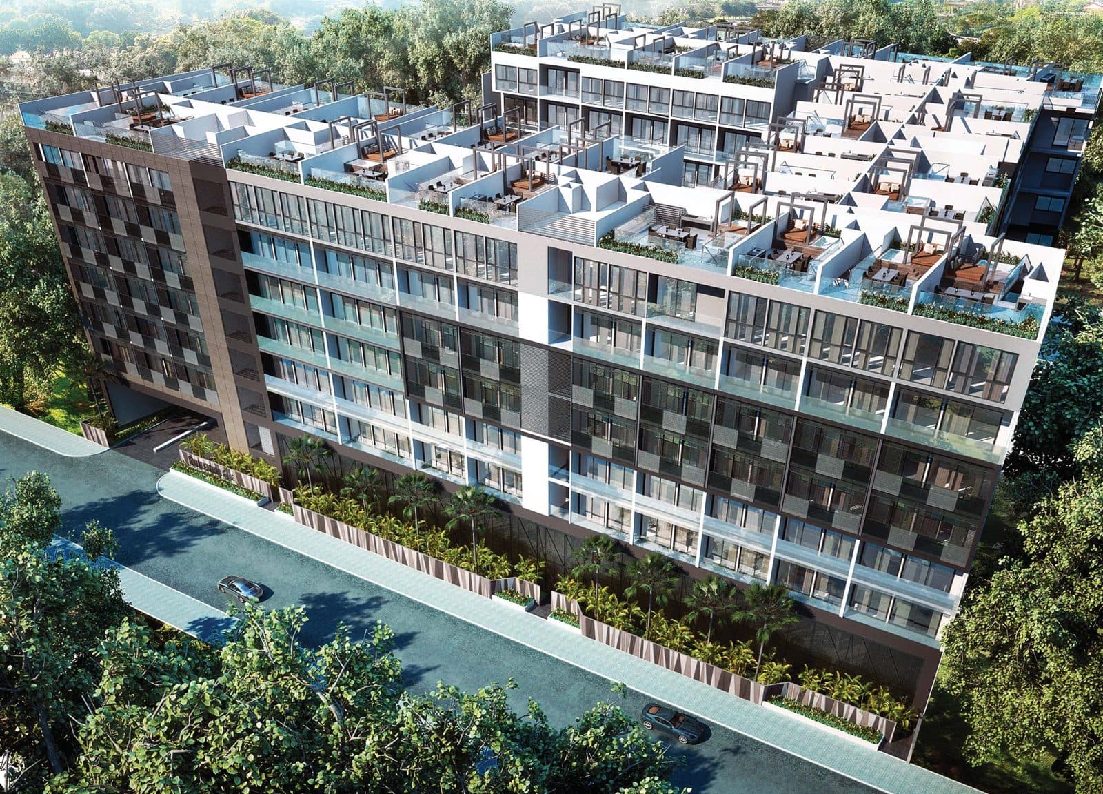 Artist's impression of Guillemard Edge from above: an 8-storey building with roof terraces, seen across the lorong