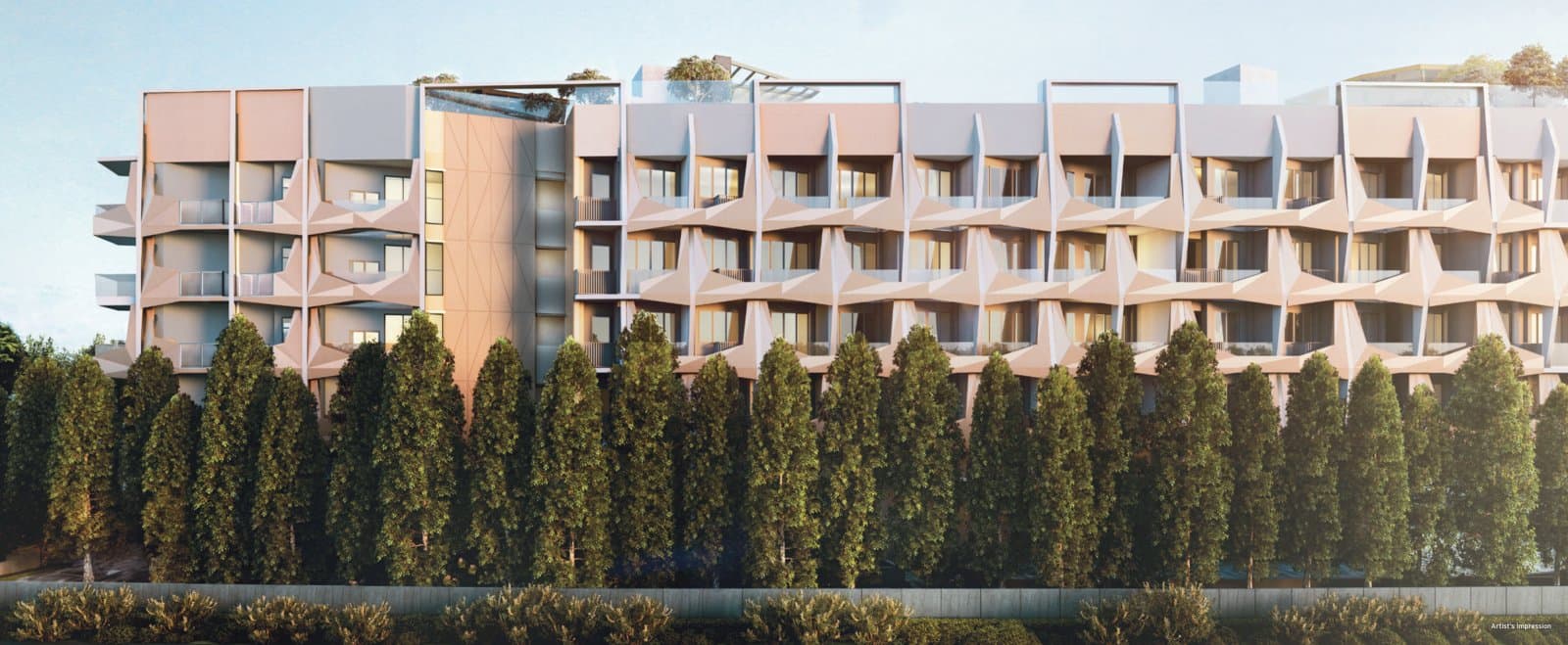 Harbour View Gardens: the five-storey block with its angled balconies behind a row of trees