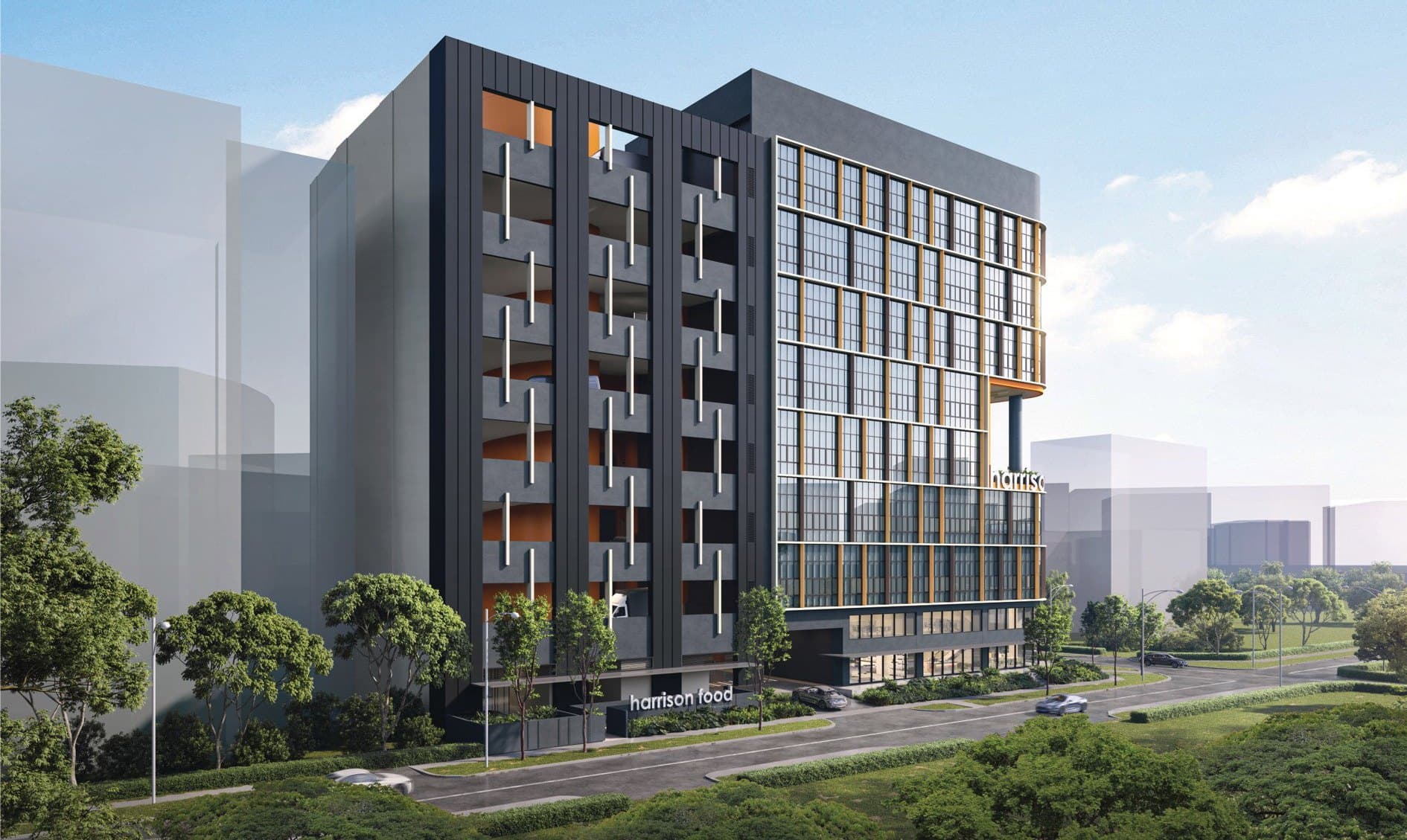 Artist's impression of Harrison Food Building, an eight-storey food factory with glazed corner units and orange fins on Harrison Road