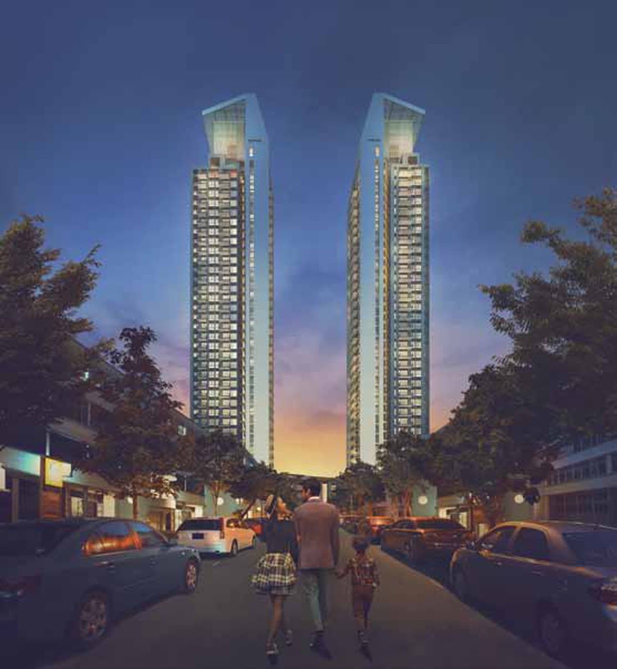 Artist's impression of Highline Residences at dusk: the two 36-storey towers with lit glass crowns, seen along a street of the Tiong Bahru estate