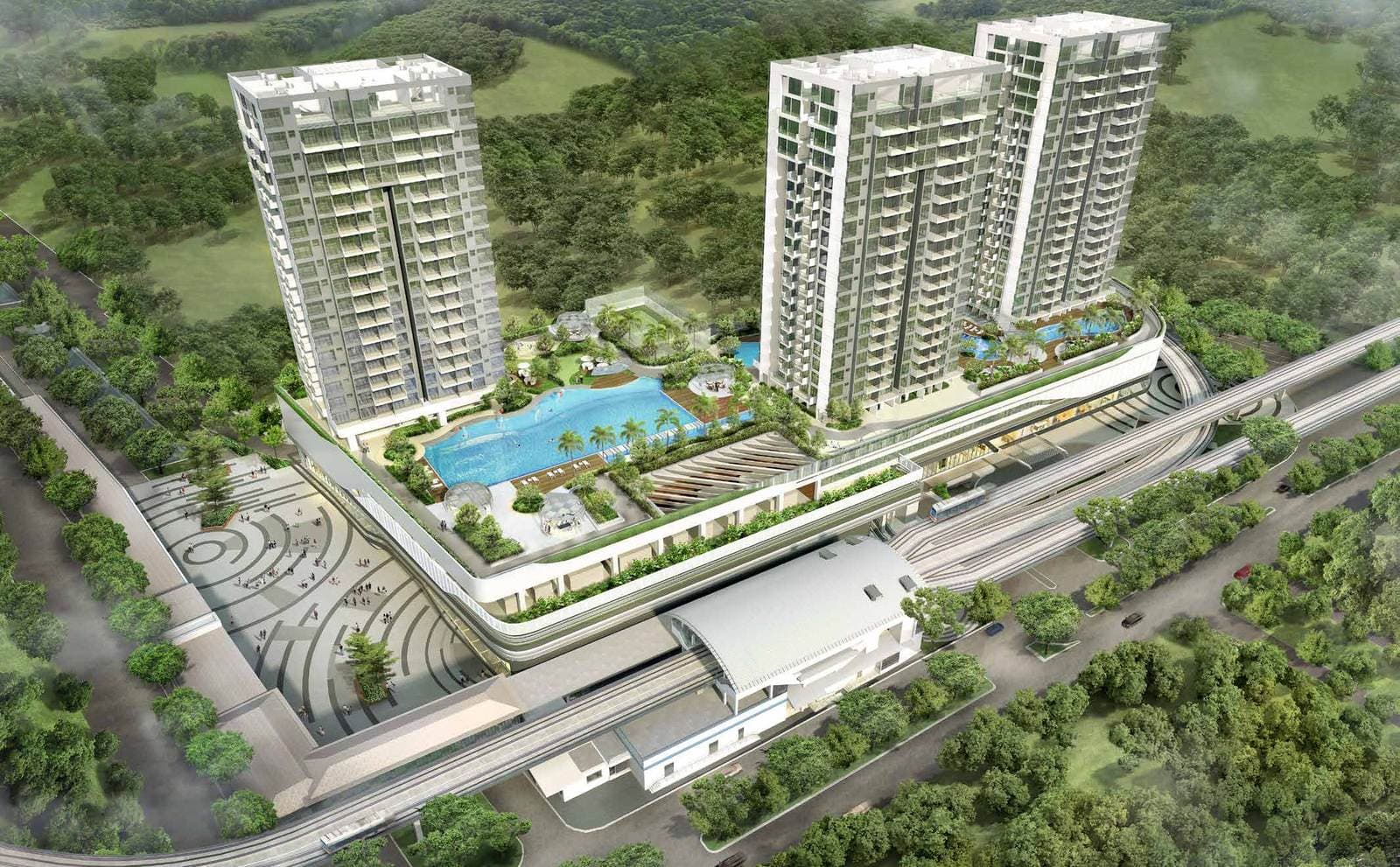 Artist's impression of Hillion Residences from the air: three towers on a landscaped deck with pools, above Hillion Mall and beside the Bukit Panjang LRT station