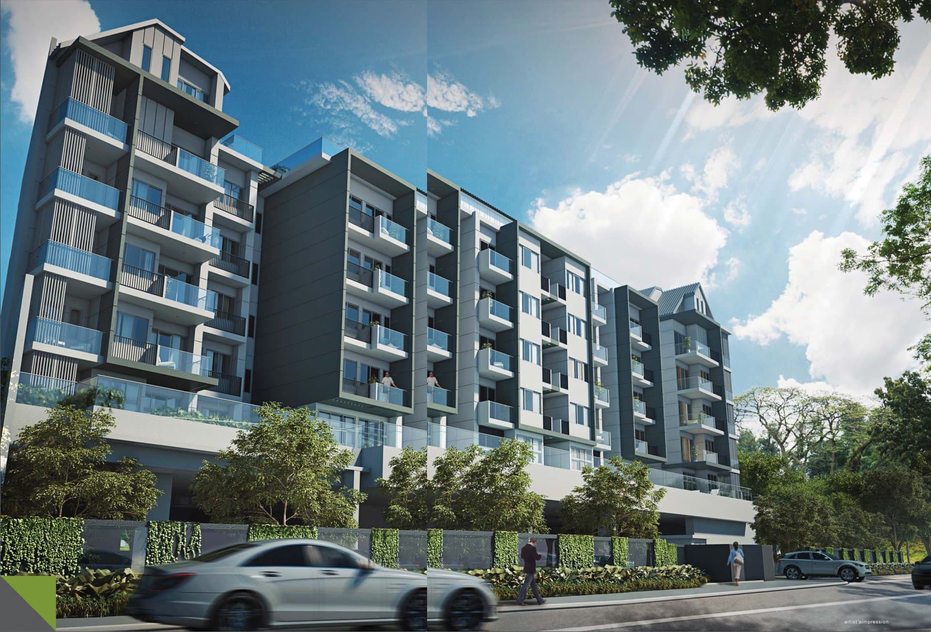 Hills TwoOne: a six-storey block with glass balconies along Hillview Terrace, under a blue sky