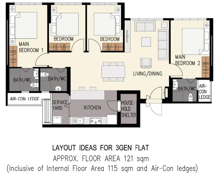 HDB floor plan of a 3Gen flat at Hougang RiverCourt, about 121 sqm